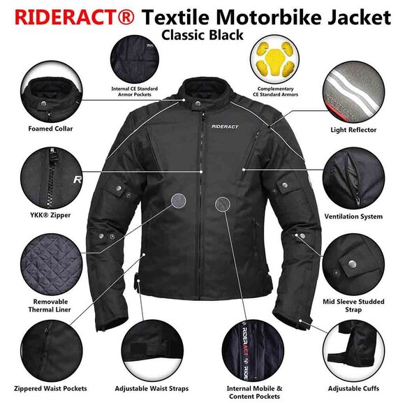 RIDERACT® Motorcycle Riding Jacket  Waterproof Cordura Motorbike Gear Black - Picture 7 of 8